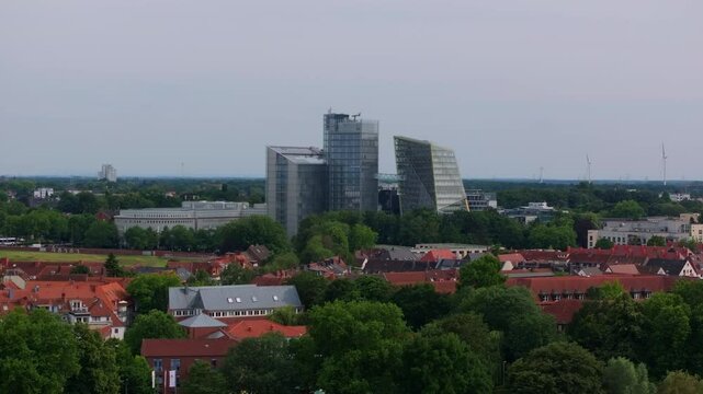 Aerial view of the city of Munster, germany. The LVM Insurance headquarters building is visible towering over the city center
