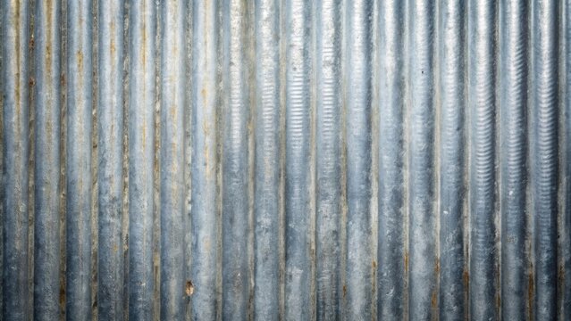 Close-up of a weathered corrugated metal surface, exhibiting a textured and weathered appearance. The surface is characterized by parallel ridges and valleys, creating a visually engaging pattern.