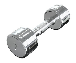 Round Chrome Dumbbell with number 7, weightlifting gym equipment side view. Png clipart isolated on transparent background