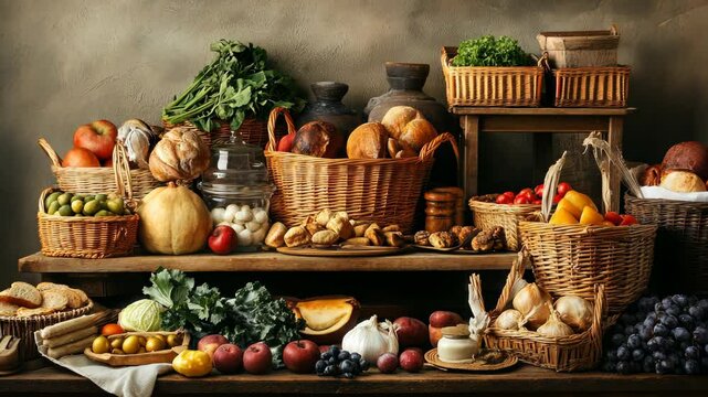 A still life of fresh produce, bread, and other foodstuffs arranged on a wooden shelf