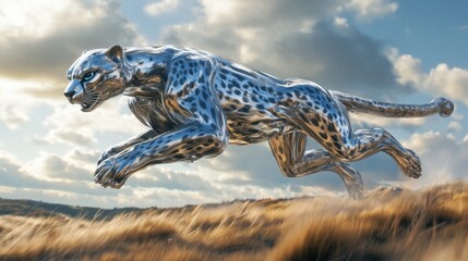 Fototapeta premium Sleek Mechanical Cheetah Running in Open Landscape