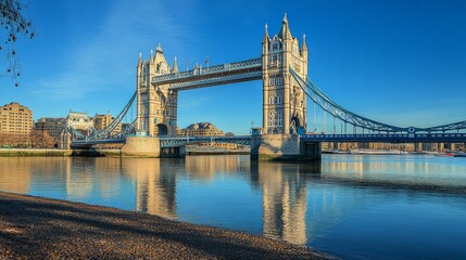 Obraz premium Tower Bridge, London, UK, with a clear blue sky and a reflection in the water.
