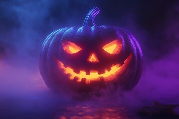 Obraz premium A realistic photograph of an LED pumpkin head wearing a black costume at a Halloween party, glowing in neon blue and purple light with sharp focus on the face against a dark background