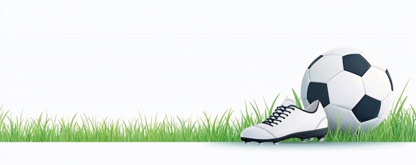 Naklejka premium Dynamic Soccer Action - Stylish Flat Design Illustration of a Soccer Ball and Cleats Kicking on a Grassy Field