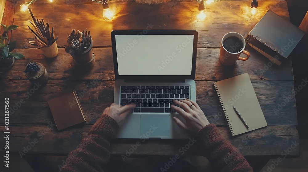Poster a cozy workspace with a laptop, notes, and a mug, surrounded by warm lights, creating an inviting at