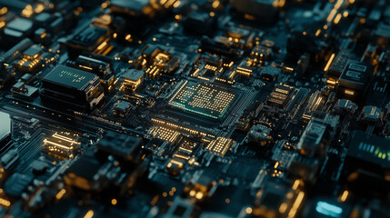 A close-up of a complex circuit board with glowing lights.