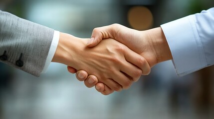 Two business people shaking hands in a close-up shot, signifying agreement, partnership, or success.