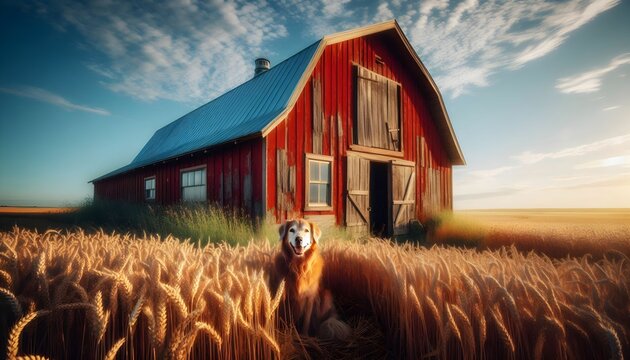 red big wooden barn with a white roof to storage around it field of wheat in the farm