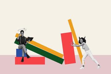 Trend artwork composite sketch 3D collage of two young lady copyspace devil horns pull platform...