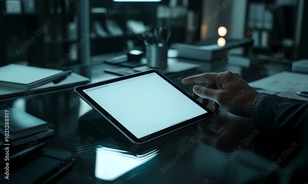 Poster A person interacts with a tablet on a sleek desk in a dimly lit office, surrounded by books and stationery, suggesting a focus on work or creativity.