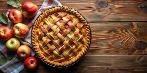 A freshly baked apple pie with a lattice crust, surrounded by whole apples on a rustic wooden table, embodying the essence of autumnal baking.