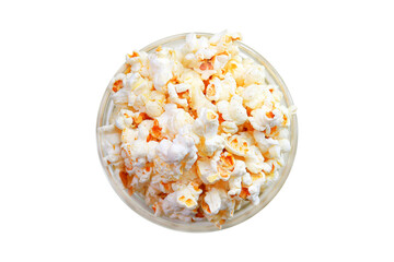 Pop corn in a clear glass bowl isolated on a white background top view