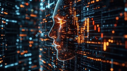 Fototapeta premium A digital representation of a human face composed of glowing data patterns, symbolizing the intersection of technology and humanity.