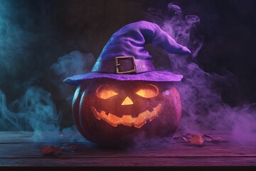 Naklejka premium A Halloween pumpkin head with a purple witch hat on a wooden table in a dark room, illuminated by candlelight with smoke around the jack-o'-lantern. Halloween concept. Close-up shot, 4K resolution