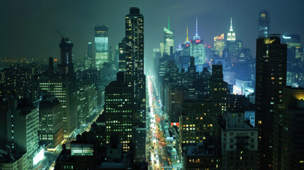 Night in the big city, with illuminated skyscrapers and busy traffic on the streets below.