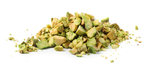 Pieces of peeled pistachio nut isolated on white