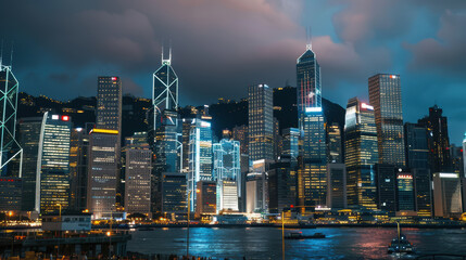 Night in the big city, with illuminated skyscrapers and busy traffic on the streets below.