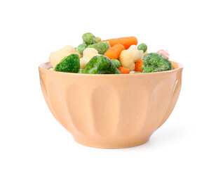 Different frozen vegetables in bowl isolated on white