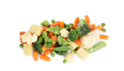 Mix of different frozen vegetables isolated on white, top view