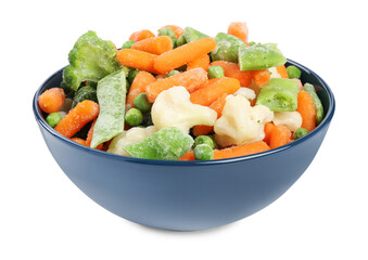 Different frozen vegetables in bowl isolated on white