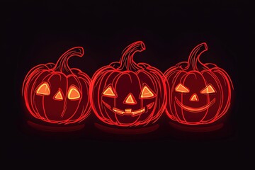 Three pumpkins with faces made of glowing red neon lights on a black background