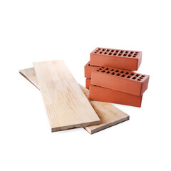 Wooden planks and red bricks isolated on white. Building materials