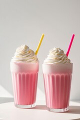 Refreshing pink milkshakes with whipped cream and straws.
