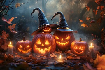 Fototapeta premium Halloween pumpkins with candles, spooky background, Halloween-themed, high-contrast, and warm lighting, photorealistic