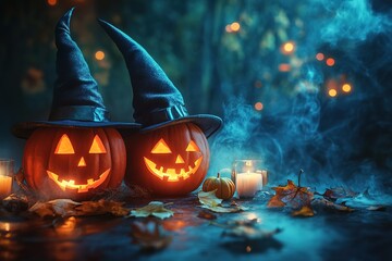 Naklejka premium Halloween pumpkins with candles, spooky background, Halloween-themed, high-contrast, and warm lighting, photorealistic