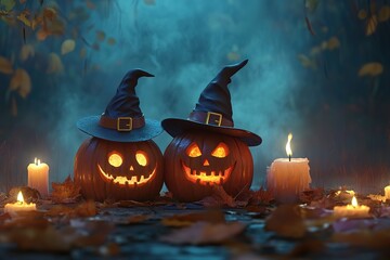 Fototapeta premium Halloween pumpkins with candles, spooky background, Halloween-themed, high-contrast, and warm lighting, photorealistic