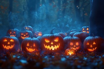 Fototapeta premium Halloween pumpkins with candles, spooky background, Halloween-themed, high-contrast, and warm lighting, photorealistic