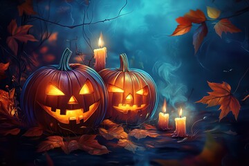 Halloween pumpkins with candles, spooky background, Halloween-themed, high-contrast, and warm lighting, photorealistic