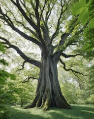 Fototapeta premium Lush green forest brimming with leaves and a massive tree trunk.