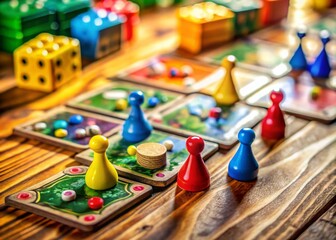 Colorful board game pieces and cards arranged on a wooden table for family game night fun