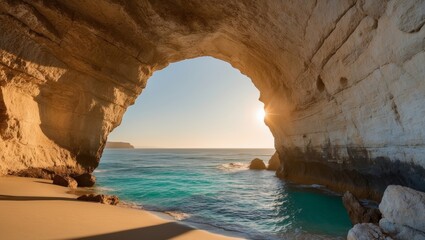 Sunlit Sea View Through a Coastal Cave Archway.