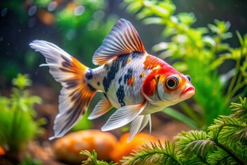 Fototapeta premium Colorful Calico Shubunkin Goldfish Swimming Gracefully in Clear Aquarium Water with Aquatic Plants