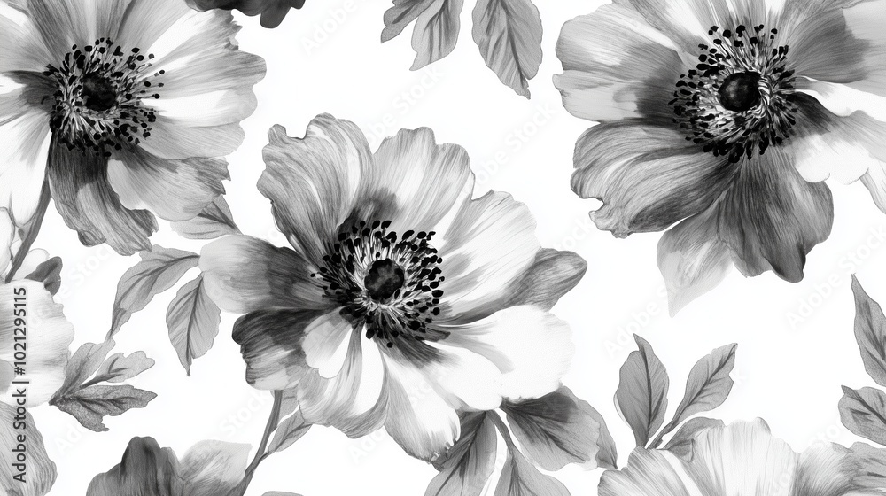 Poster Black and white floral pattern featuring detailed anemone flowers on a white background designed for elegant home decor