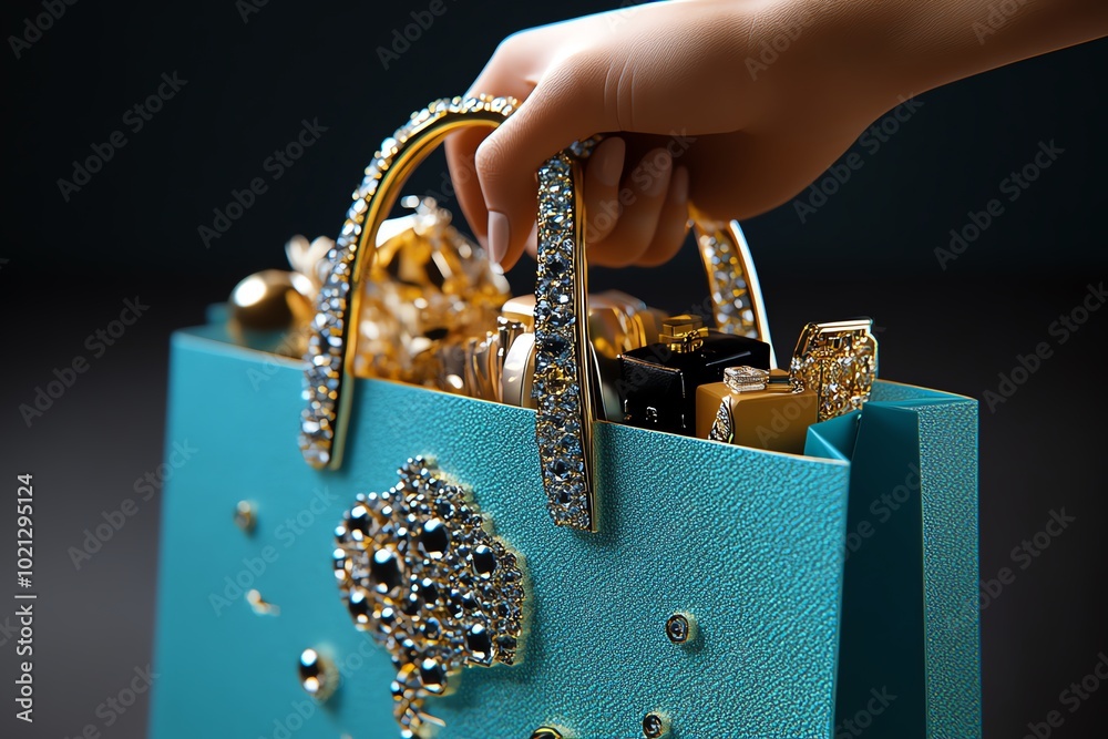 Poster hyper-realistic close-up of a hand grabbing a shopping bag filled with luxury items, with intricate 
