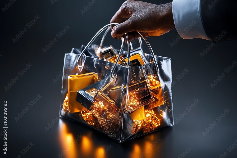 Poster hyper-realistic close-up of a hand grabbing a shopping bag filled with luxury items, with intricate 