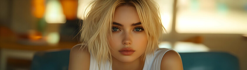 Obraz premium Close-up Portrait of a Blonde Woman with Blue Eyes Looking Directly at the Camera in a Casual Setting