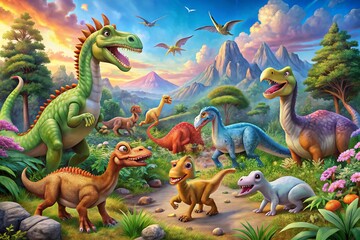 Obraz premium Colorful Cartoon Dinosaurs in a Fun Prehistoric Landscape for Kids' Educational Materials and Decor