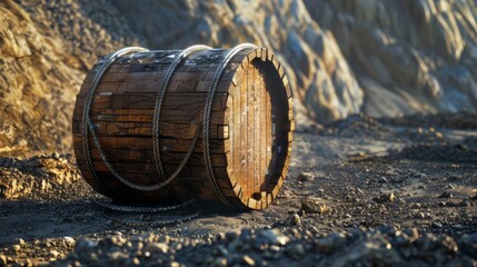 Vintage Wooden Barrel in a Desert Landscape