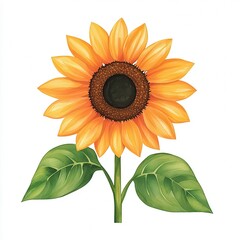 A vibrant sunflower with bright yellow petals and a dark center, accompanied by green leaves, symbolizing beauty and growth. watercolor, clipart, isolated on white background