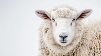 A white sheep with a blue eye stares at the camera
