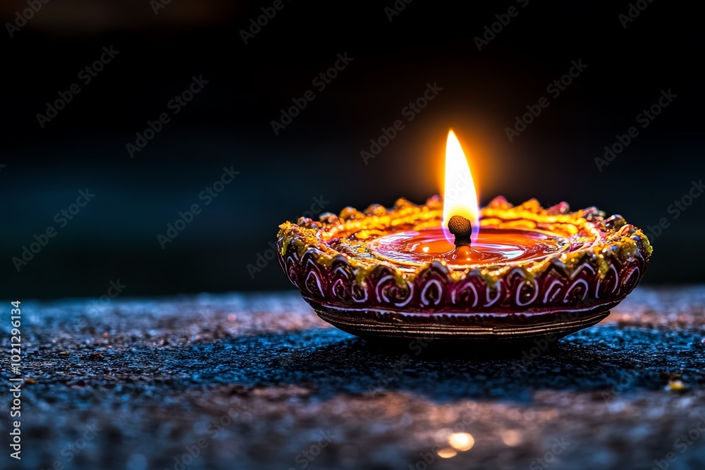 Poster hyper-realistic close-up of a single diya (oil lamp) glowing in the dark, with intricate details of 