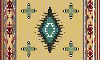 A geometric rug. Features a diamond-shaped center motif in shades of brown, red, blue, and white on a beige background.