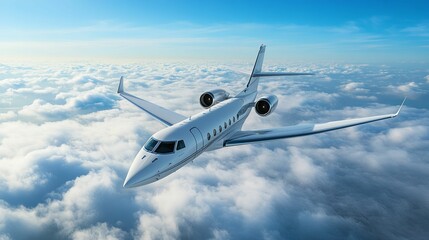 Obraz premium White Private Jet Flying Above Fluffy Clouds