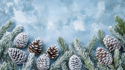 Frost-covered pine cones on evergreen branches with a cool icy blue backdrop, creating a beautiful winter holiday decor scene.