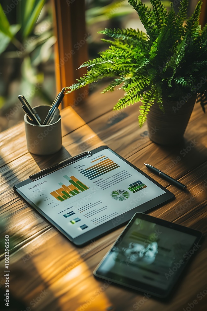 Poster a stylish workspace featuring a tablet and document on a wooden table, surrounded by lush greenery a