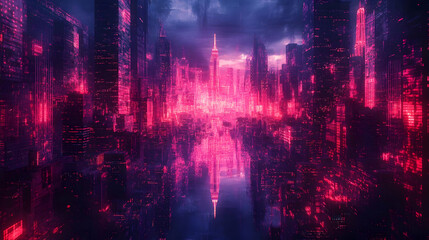 Obraz premium Digital Cityscape with Glowing Pink Lights and a Tall Building in the Center, Reflecting in a Mirror-like Water Surface.